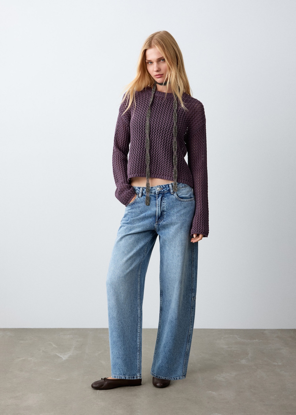 Mango Openwork Knit Sweater Purple