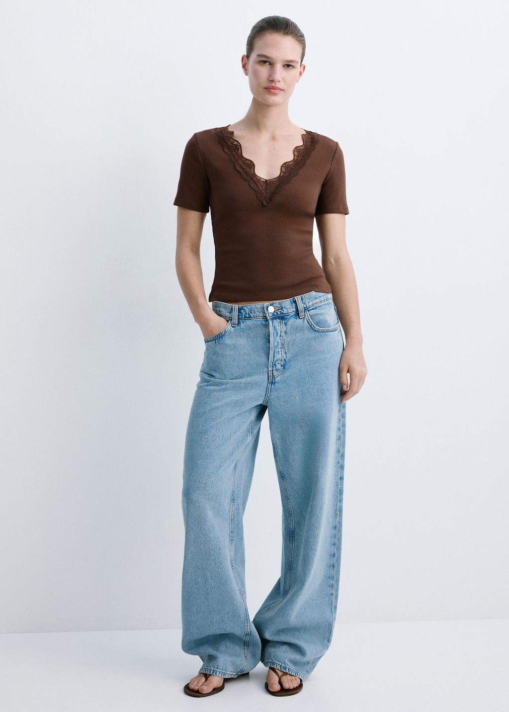 Mango Top Liserés Dentelle Marron - Femme - Xl -  In Pink