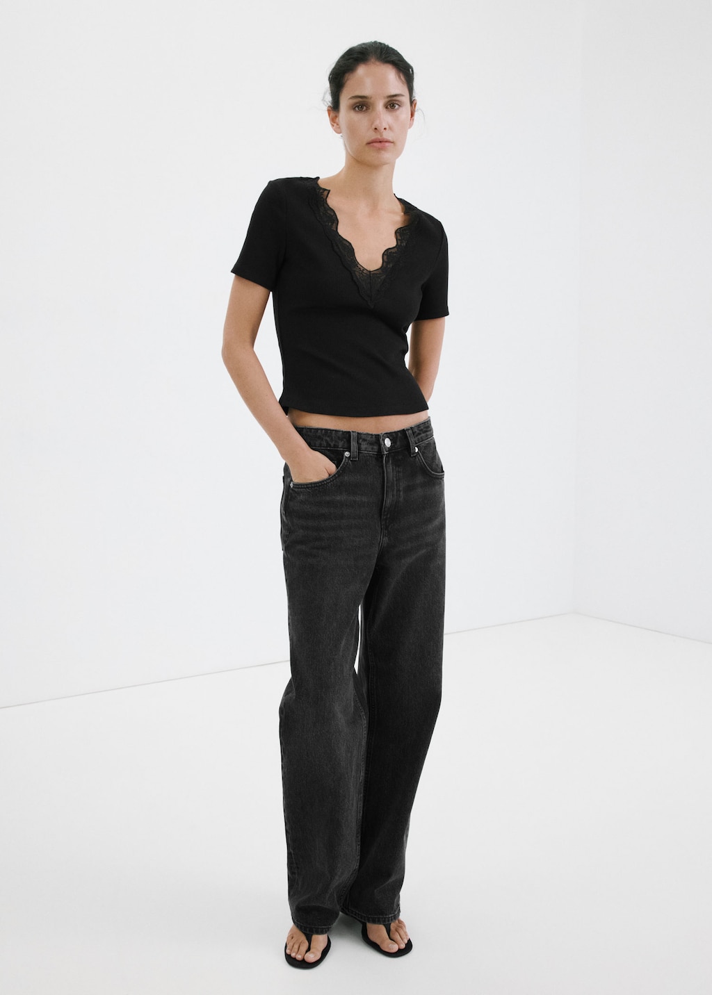 Mango Lace Trim Top In Black
