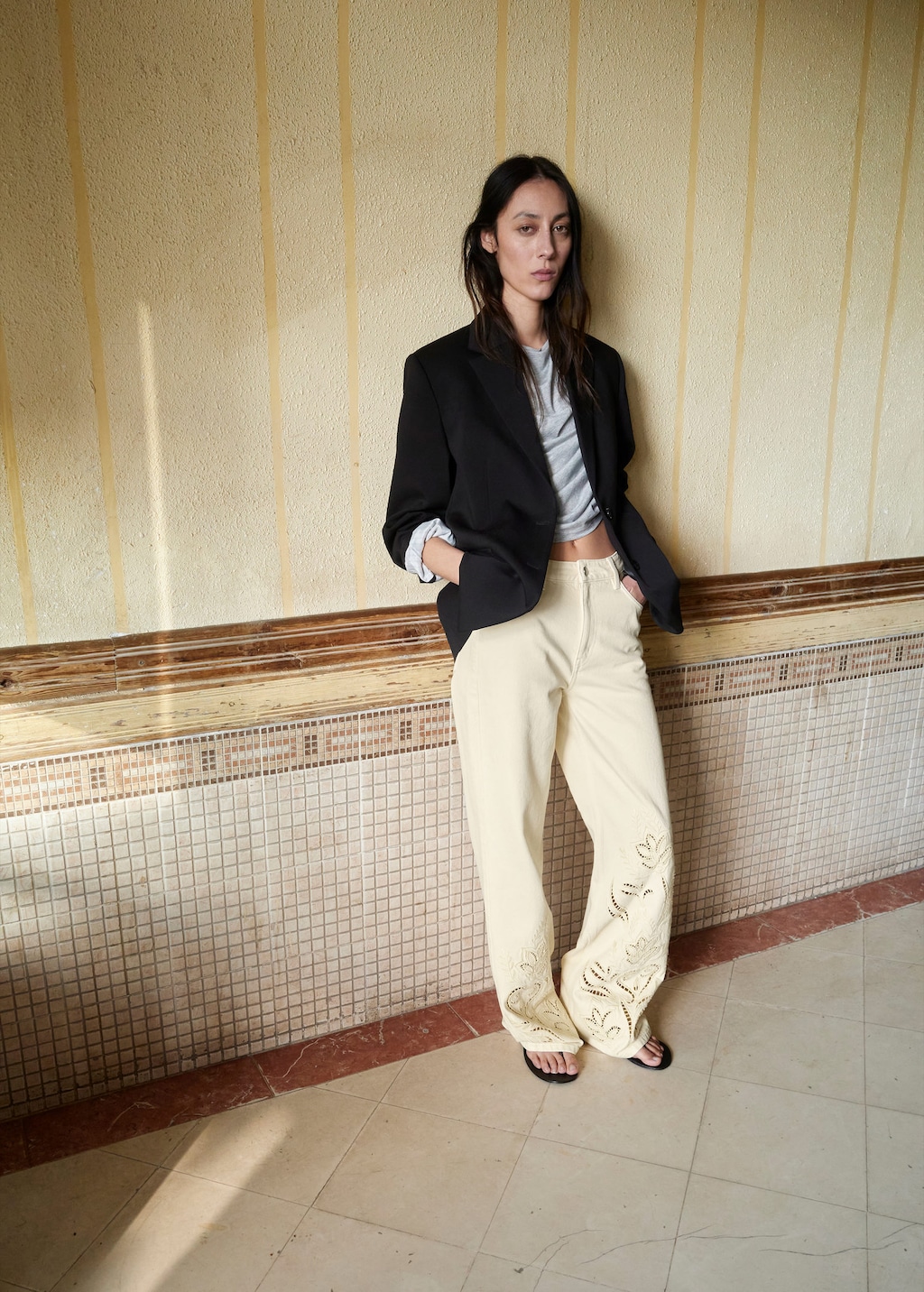 Mango Jean Droit Broderies Ajourées Vanille - Femme - 46 -  In Black