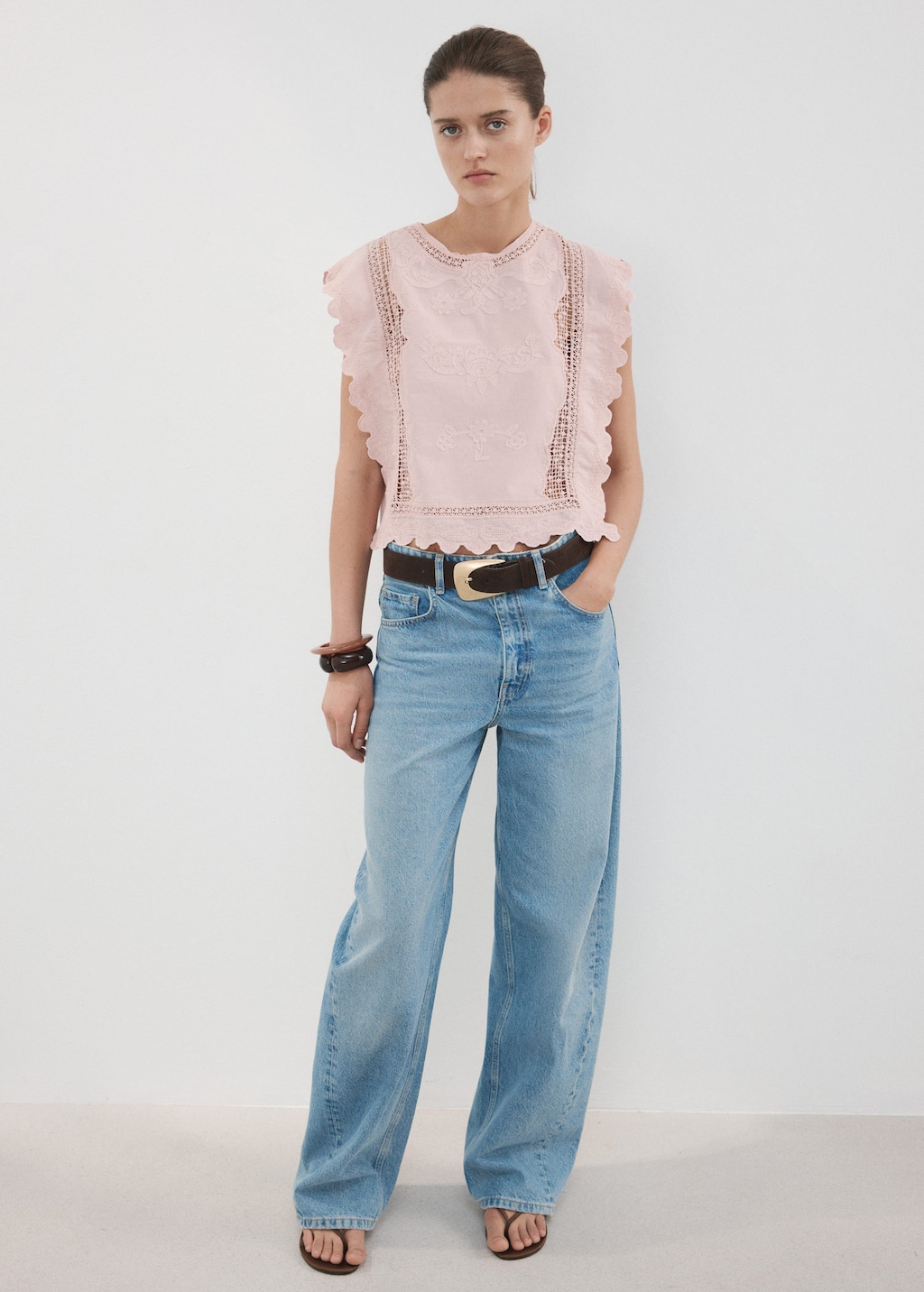 Mango Top En Coton Avec Détails Brodés Rose Pastel - Femme - Xl -  In Pink