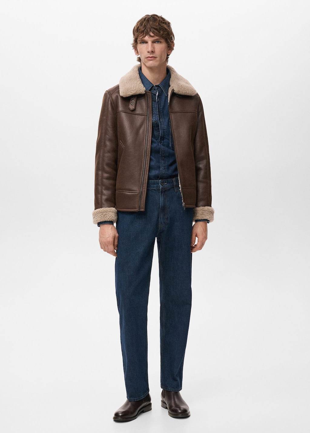 Mango Man Double Face Sheepskin Jacket Tobacco Brown