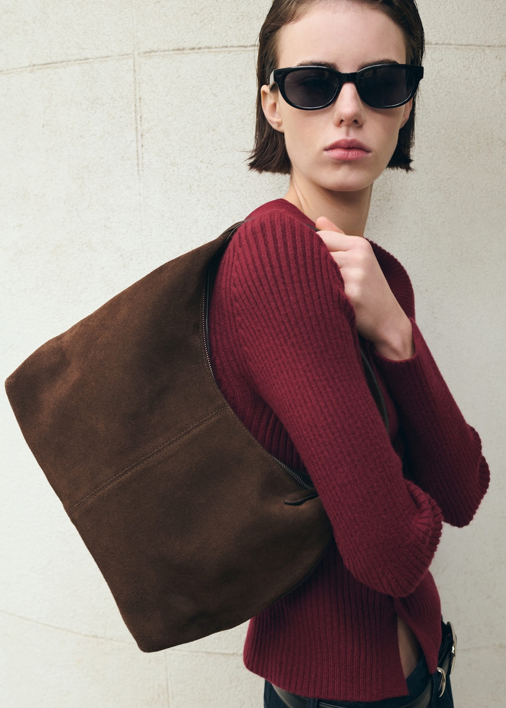 Mango Suede Shoulder Bag With Stitching Medium Brown