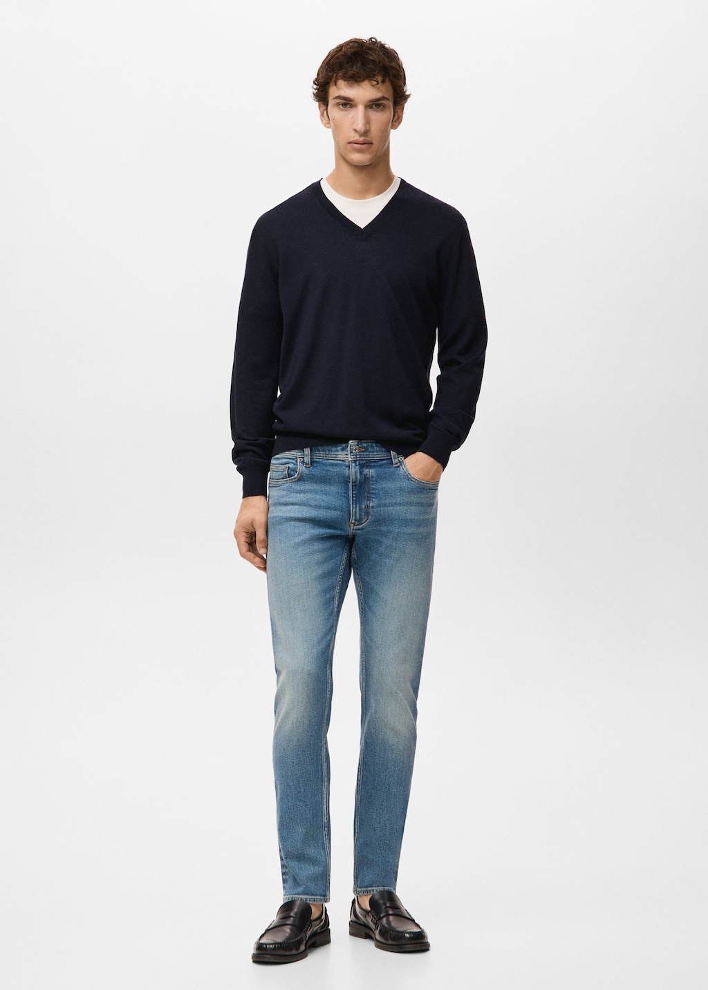 Mango Man 100% Merino Wool V-neck Sweater In Blue