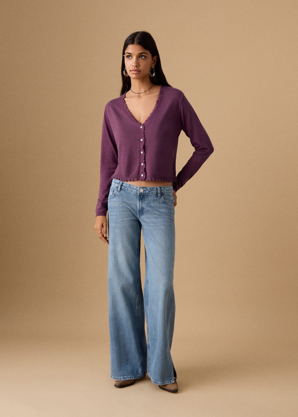 Mango Teen Ruffle Crop Cardigan In Purple