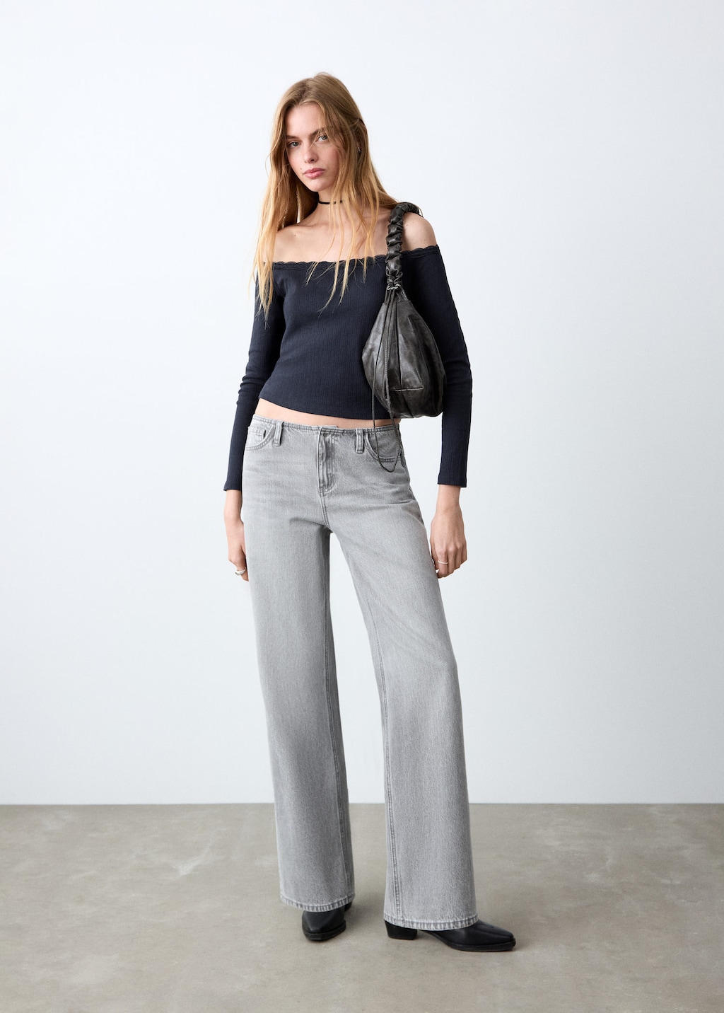 Mango Teen Lace Boat-neck T-shirt Navy In Blue