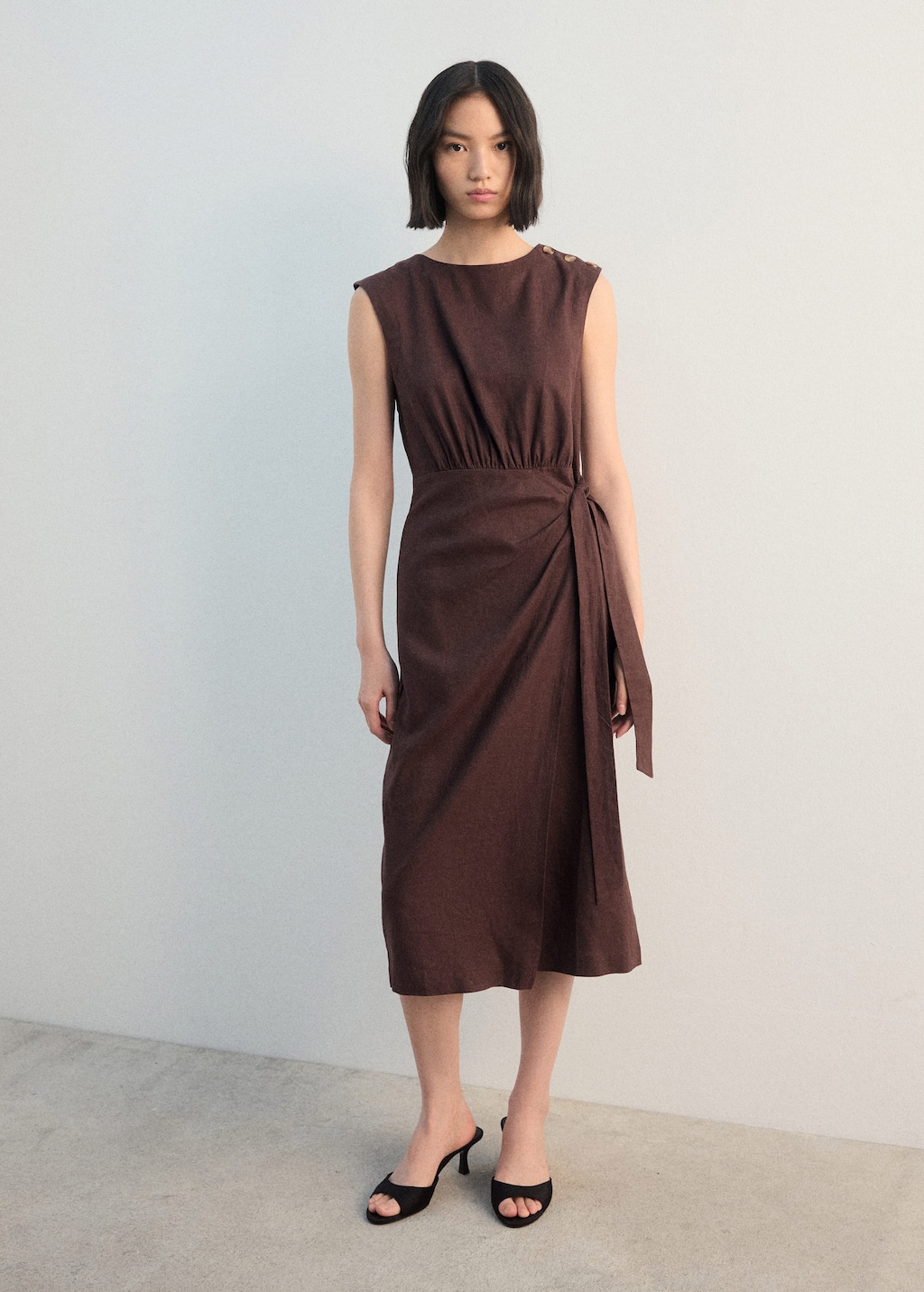Mango Linen Wrap Dress Chocolate In Brown