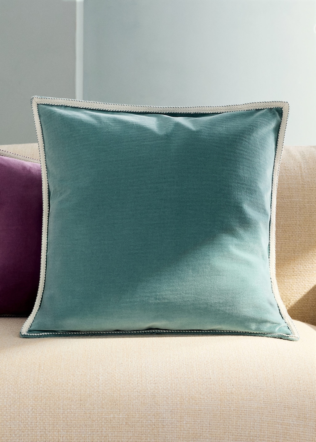 Mango Velvet Cushion Cover With Tape Detail 50x50 Cm Aqua Green In Blue