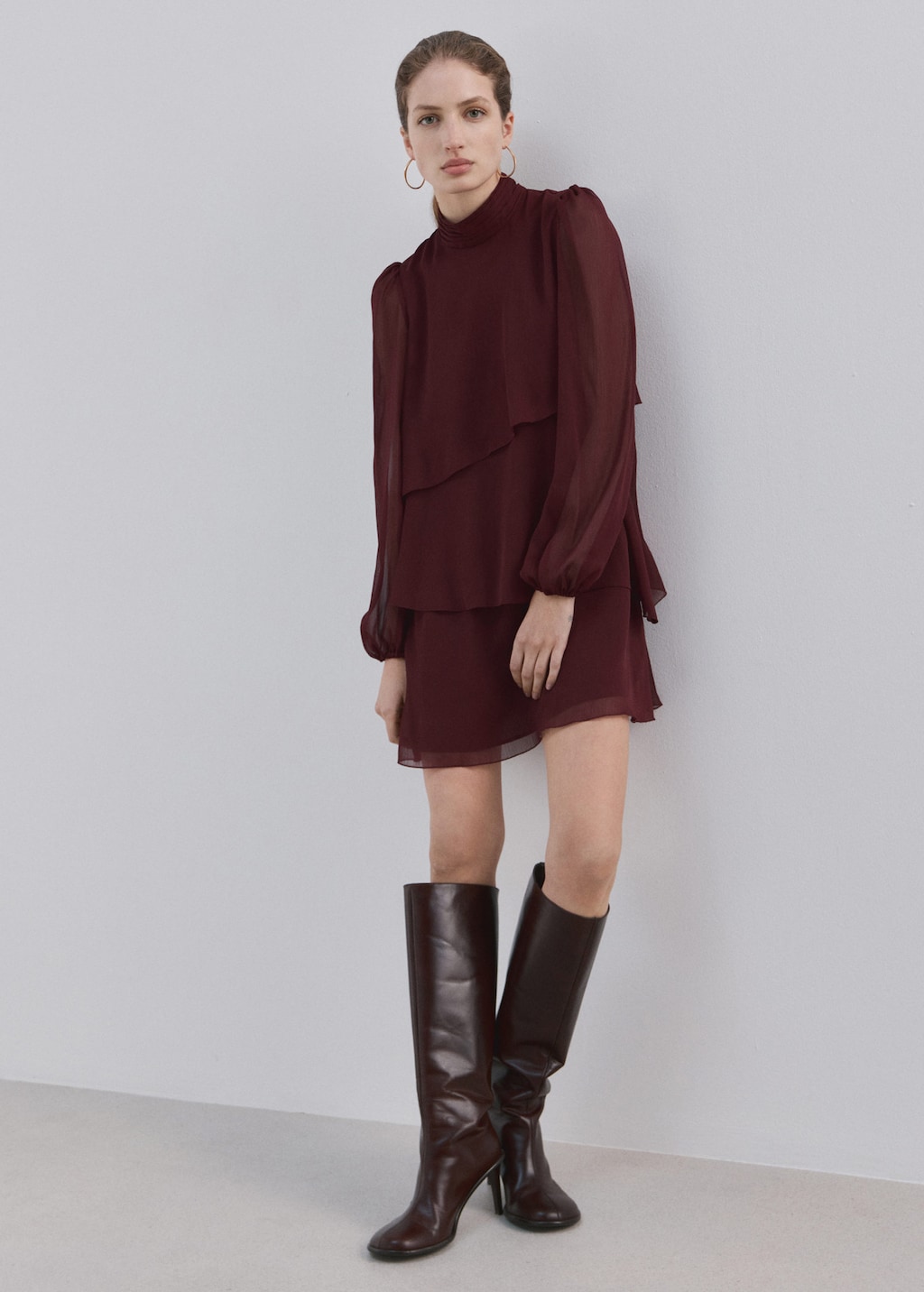 Ruffled dress with draped collar burgundy – Woman – 8 – MANGO Ruffled dress with draped collar burgundy – Woman – 8 – MANGO