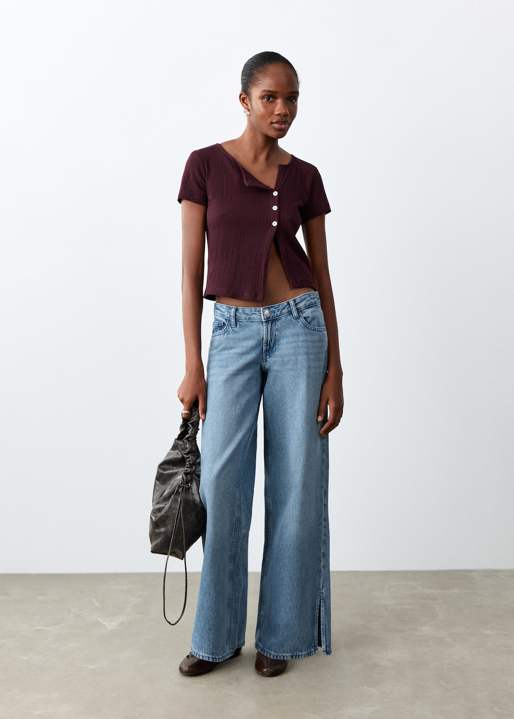 Mango Ribbed T-shirt With Button Detail Maroon In Burgundy