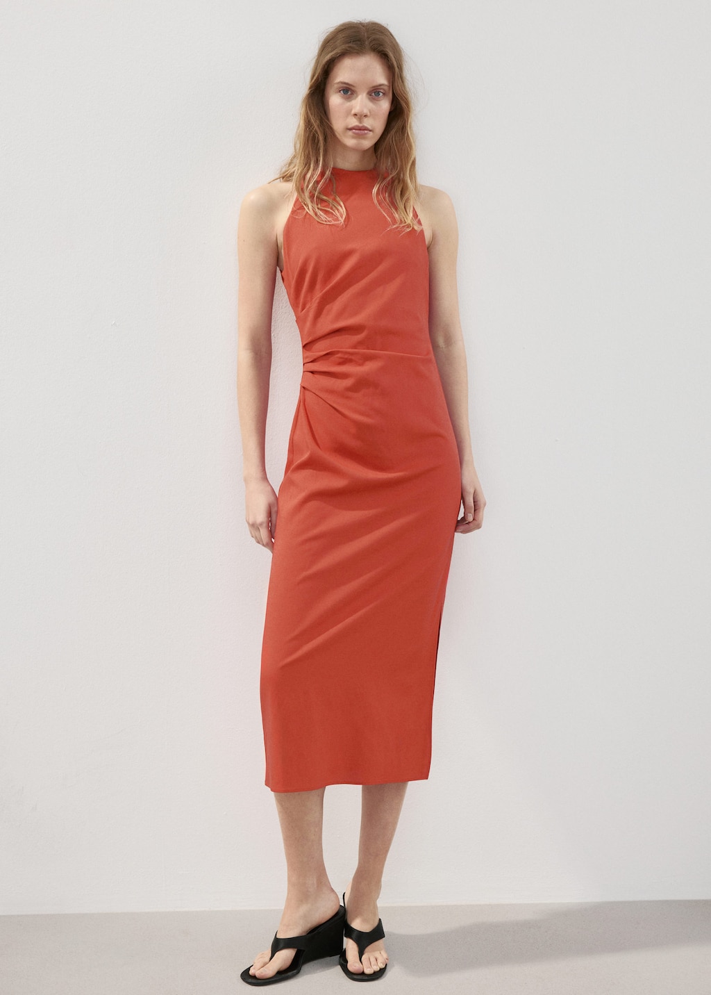 Mango Robe Midi Drapée Orange - Femme - L -