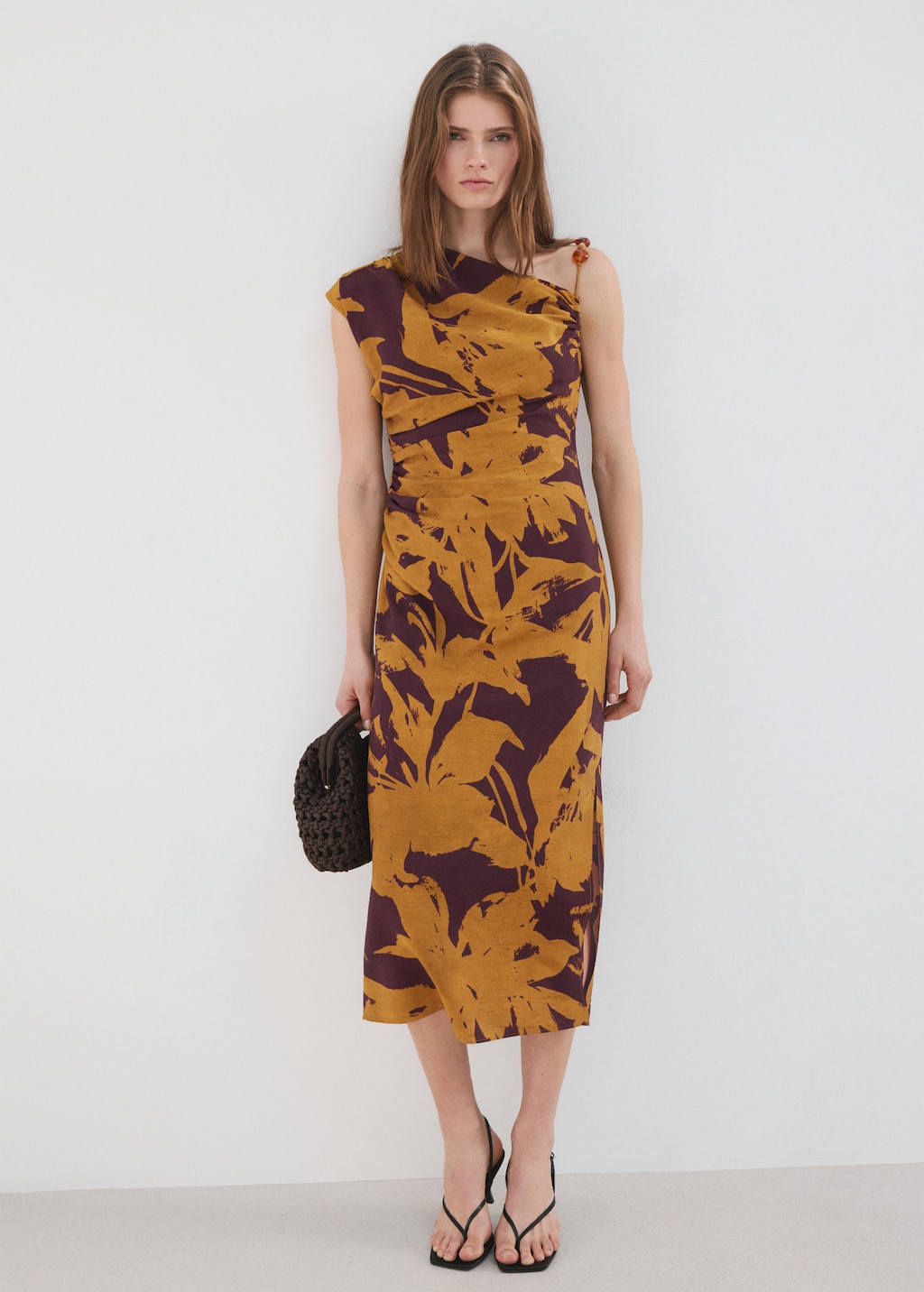 Mango Robe Asymétrique Imprimée Ocre - Femme - Xl -  In Brown