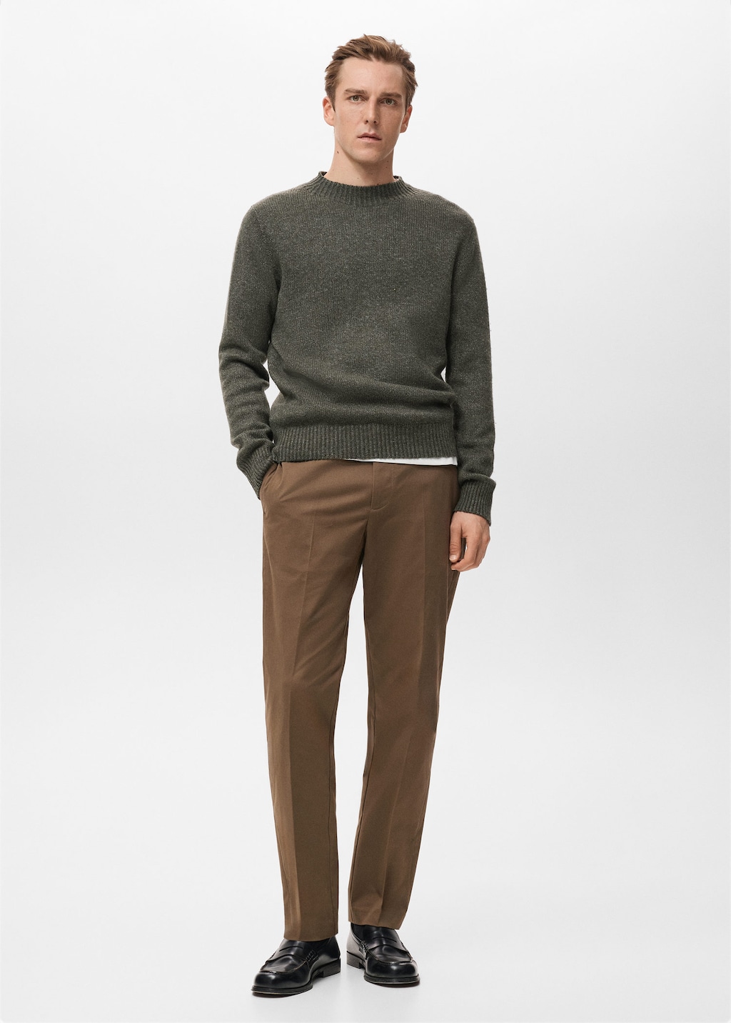 Mango Man Structured Wool-blend Knitted Sweater Khaki In Green