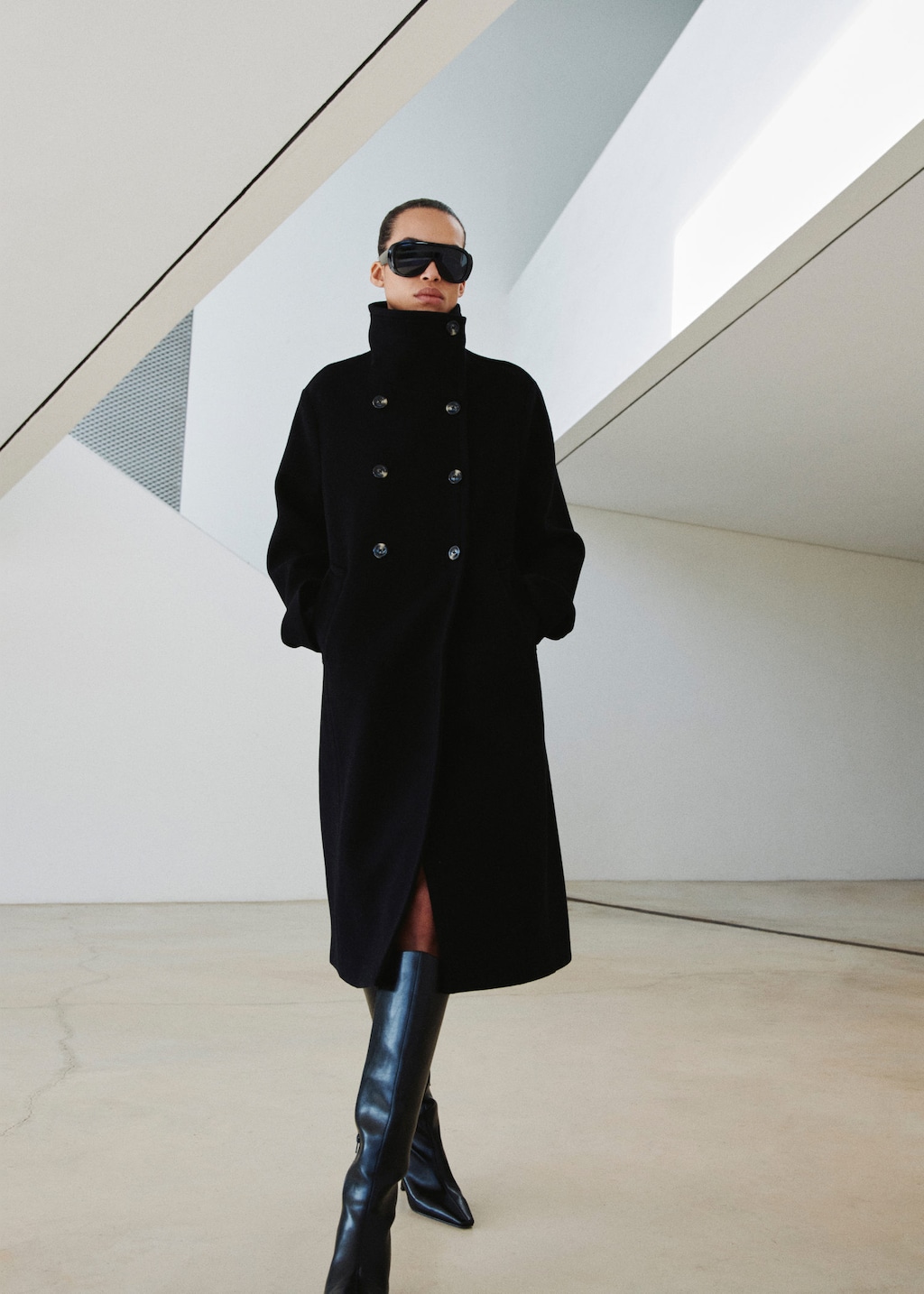 Mango Wool-blend Funnel-neck Coat Black