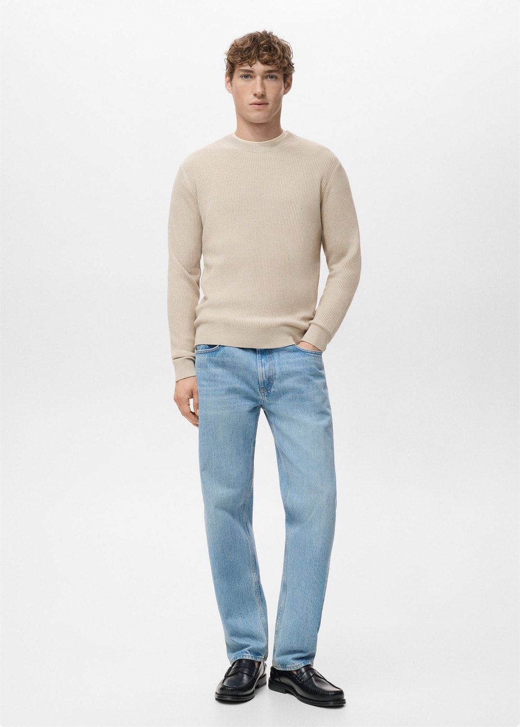 Mango Man Fine Rib-knit Cotton Sweater In Neutral