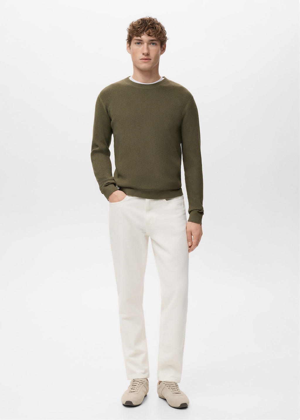 Mango Man Fine Rib-knit Cotton Sweater In Green