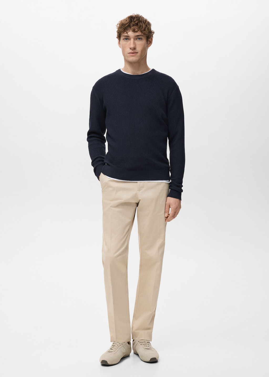 Mango Man Fine Rib-knit Cotton Sweater In Blue