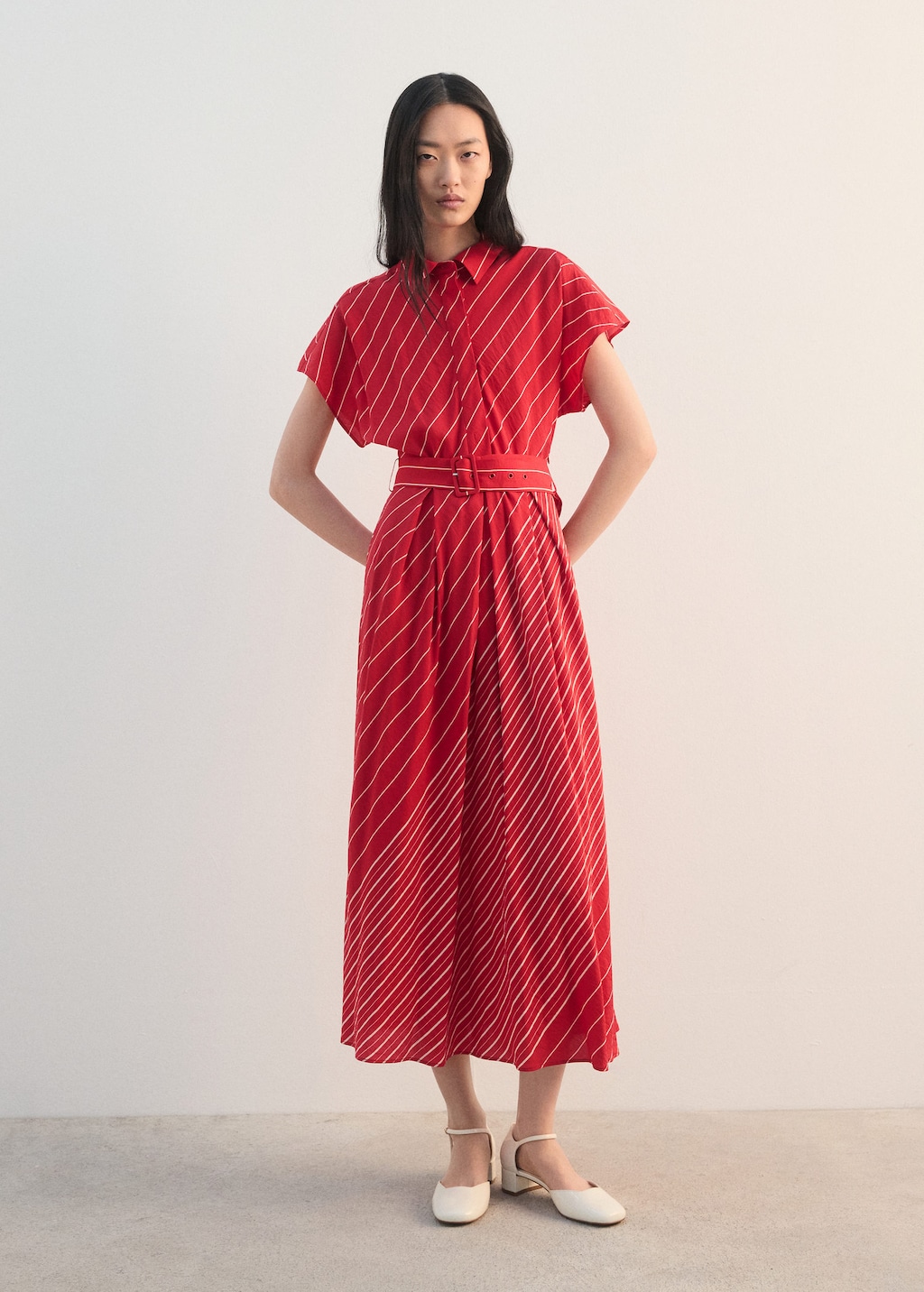 Mango Belted Striped Shirt Dress Red