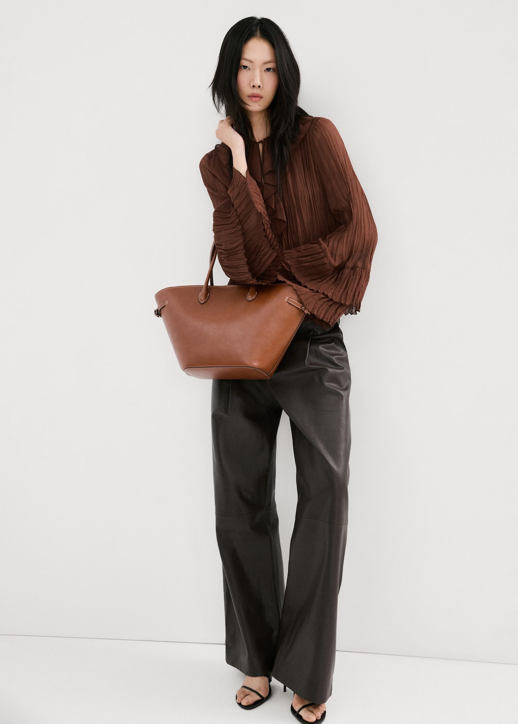 Mango Ruffled Chiffon Blouse Brown