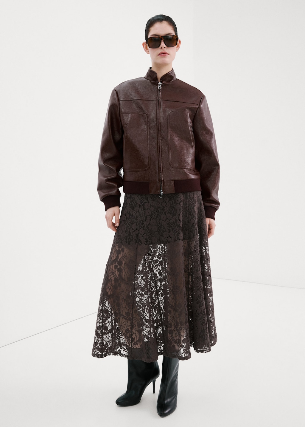 Mango Combined Lace Dress Brown