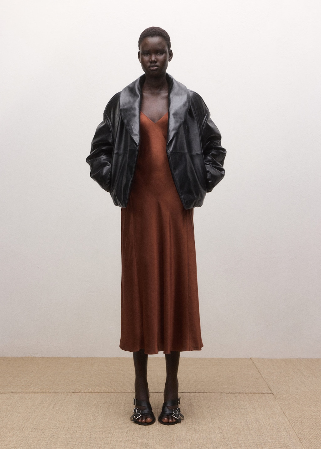 Mango Satin Silk Blend Dress Burnt Orange In Black