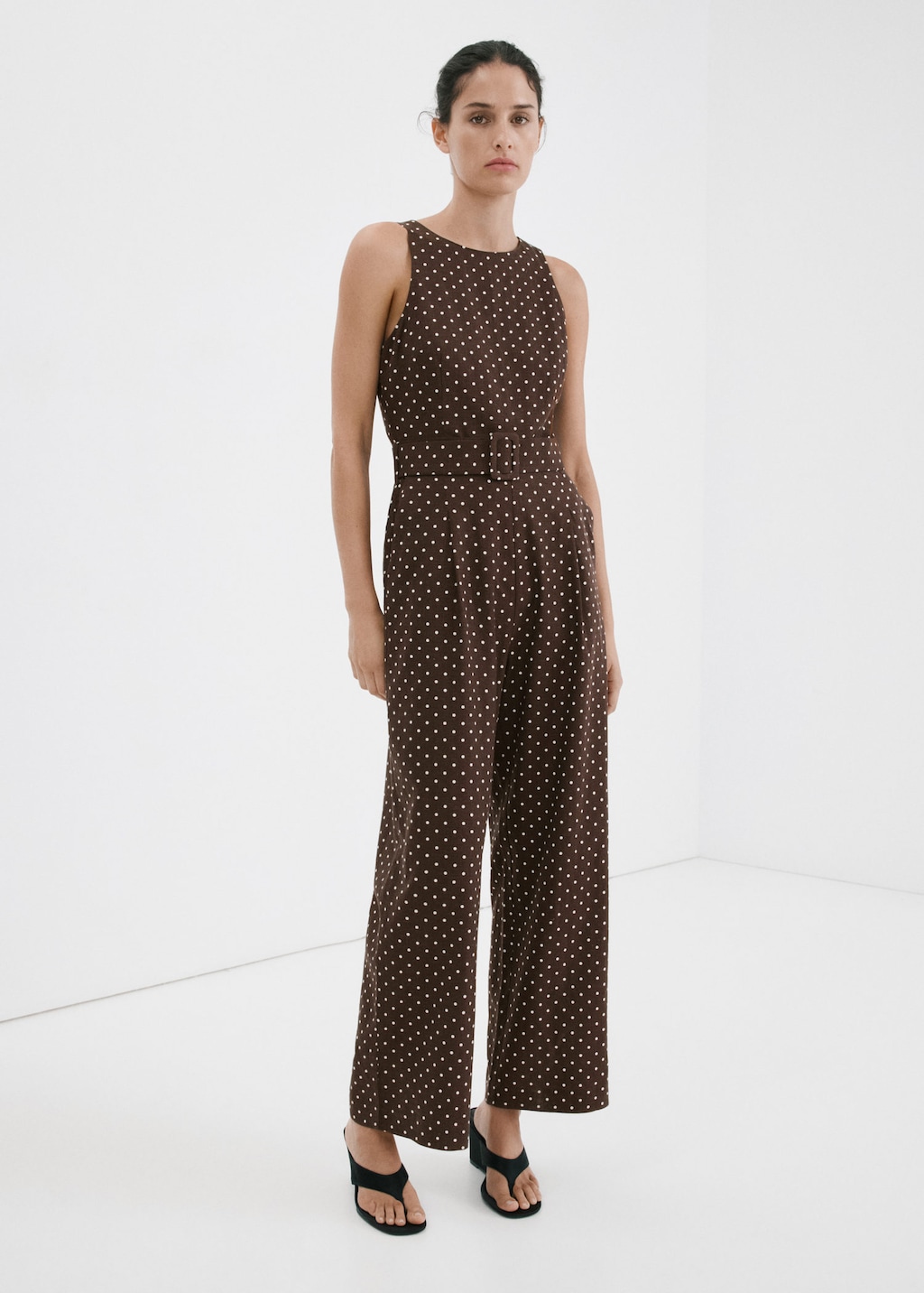 Mango Linen Jumpsuit With Polka-dot Belt In Chocolate