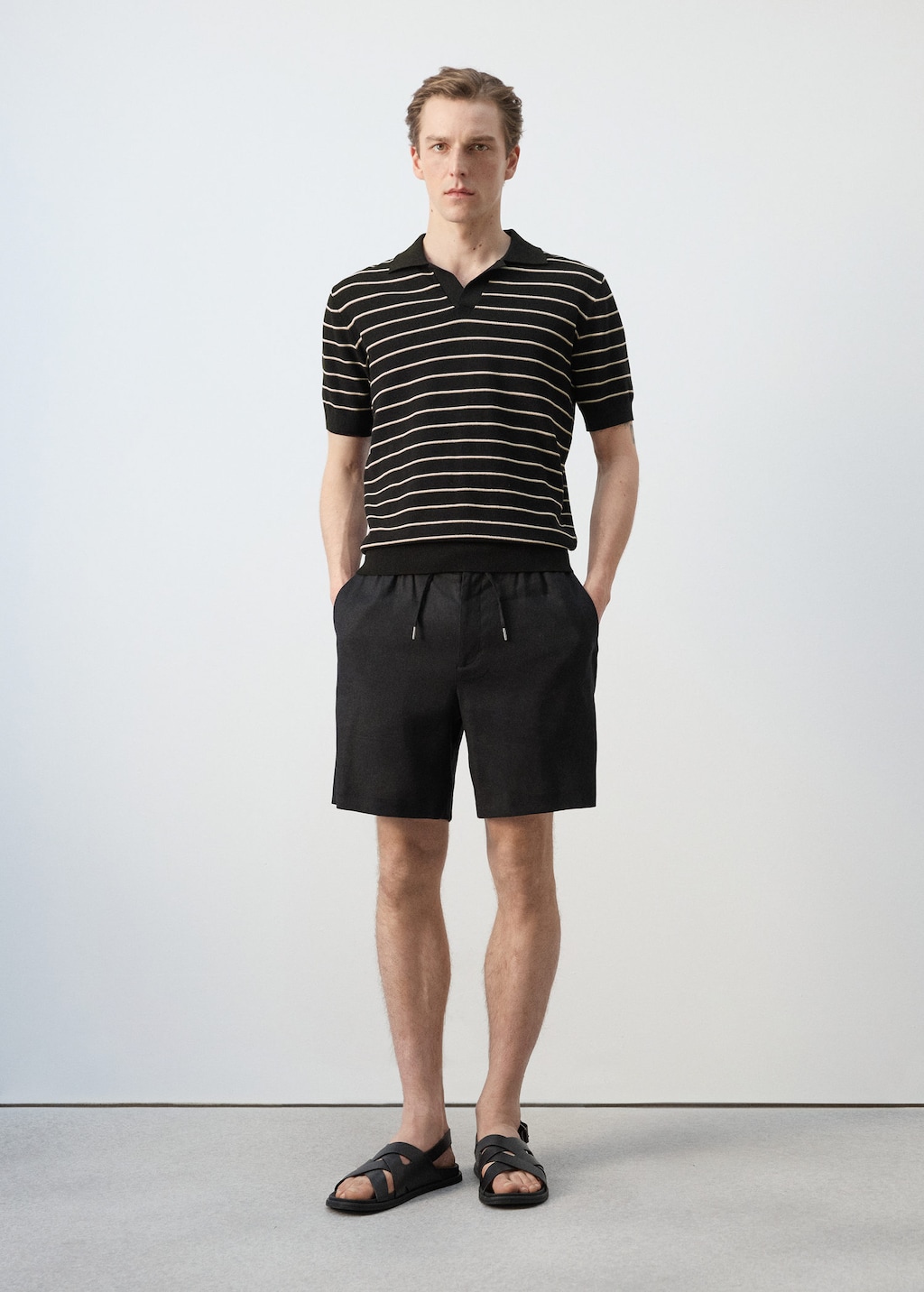Mango Striped Knit Cotton Polo Shirt In Black