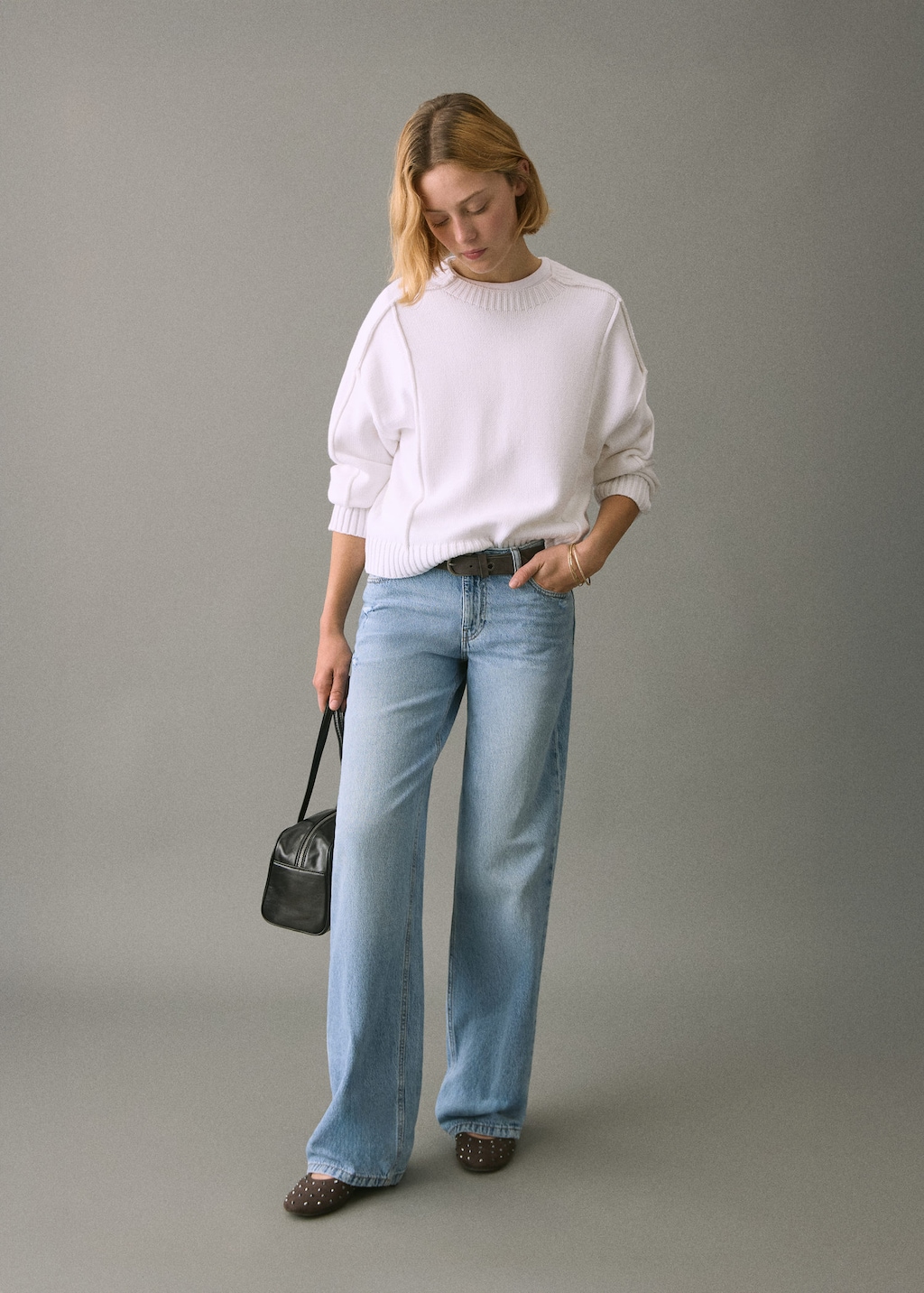 Mango Teen Knitted Sweater With Seams Off White