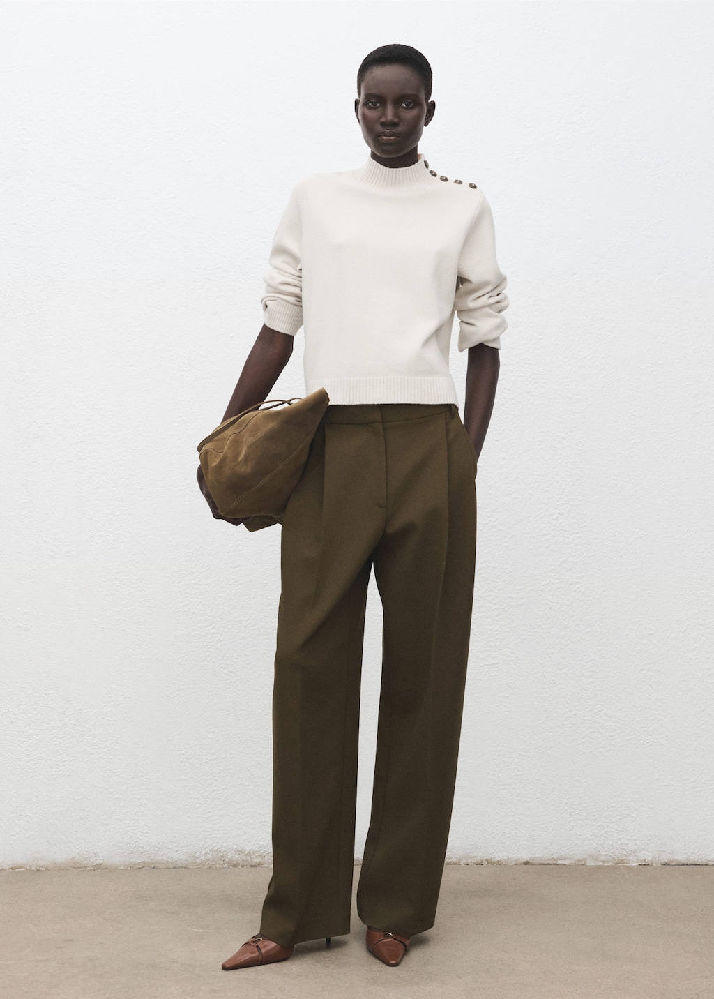 Mango Perkins-neck Sweater With Button Ecru In White