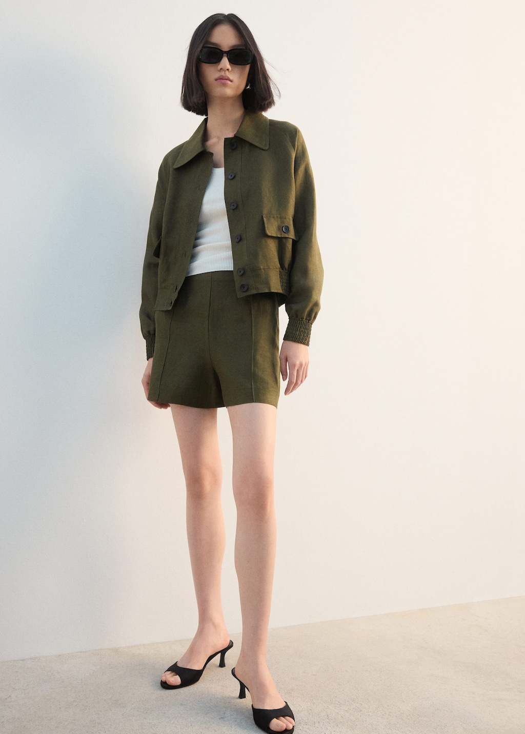 Mango Buttons Linen-blend Jacket Khaki In Green