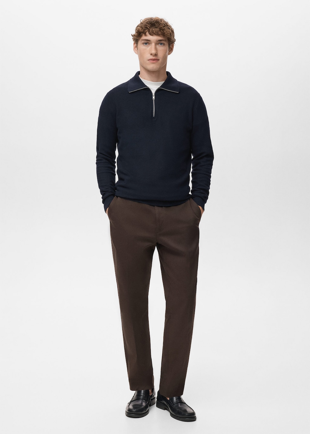 Mango Man Microstructure Sweater With Zipper Collar Navy In Blue