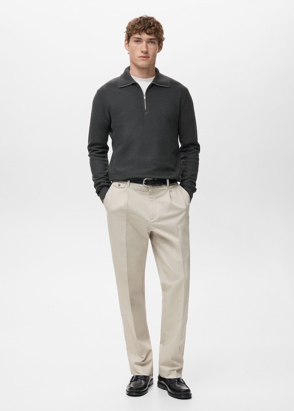 Mango Man Pull-over Microstructure Col Zippé Gris Foncé - Homme - L - In Gray