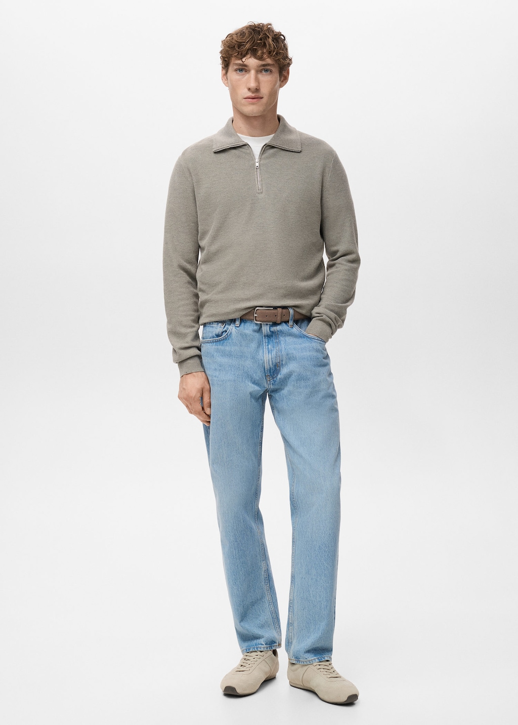 Mango Man Pull-over Microstructure Col Zippé Gris Vison - Homme - Xxl - In Gray