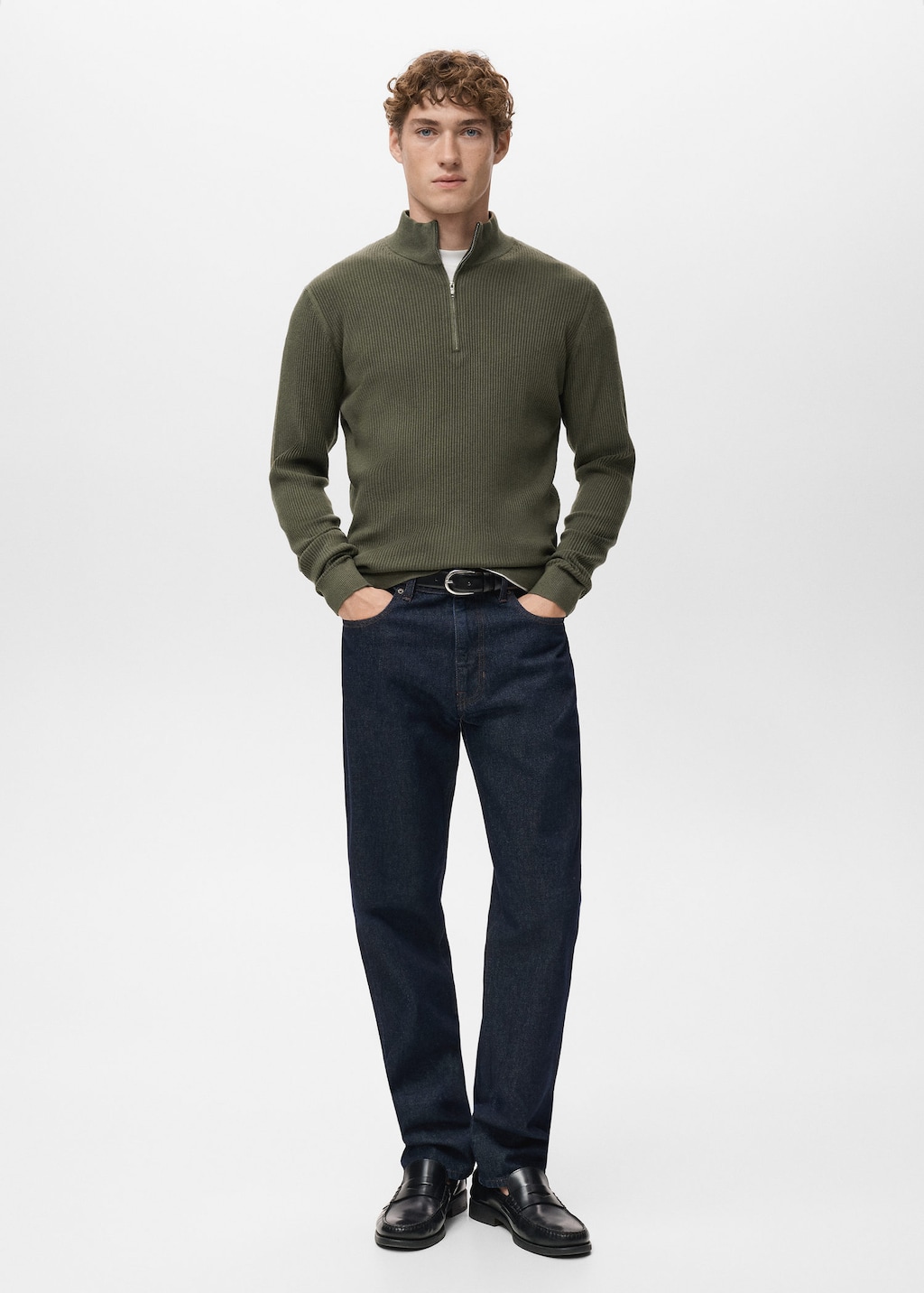 Mango Man Ribbed Sweater With Zip Neck Olive Green