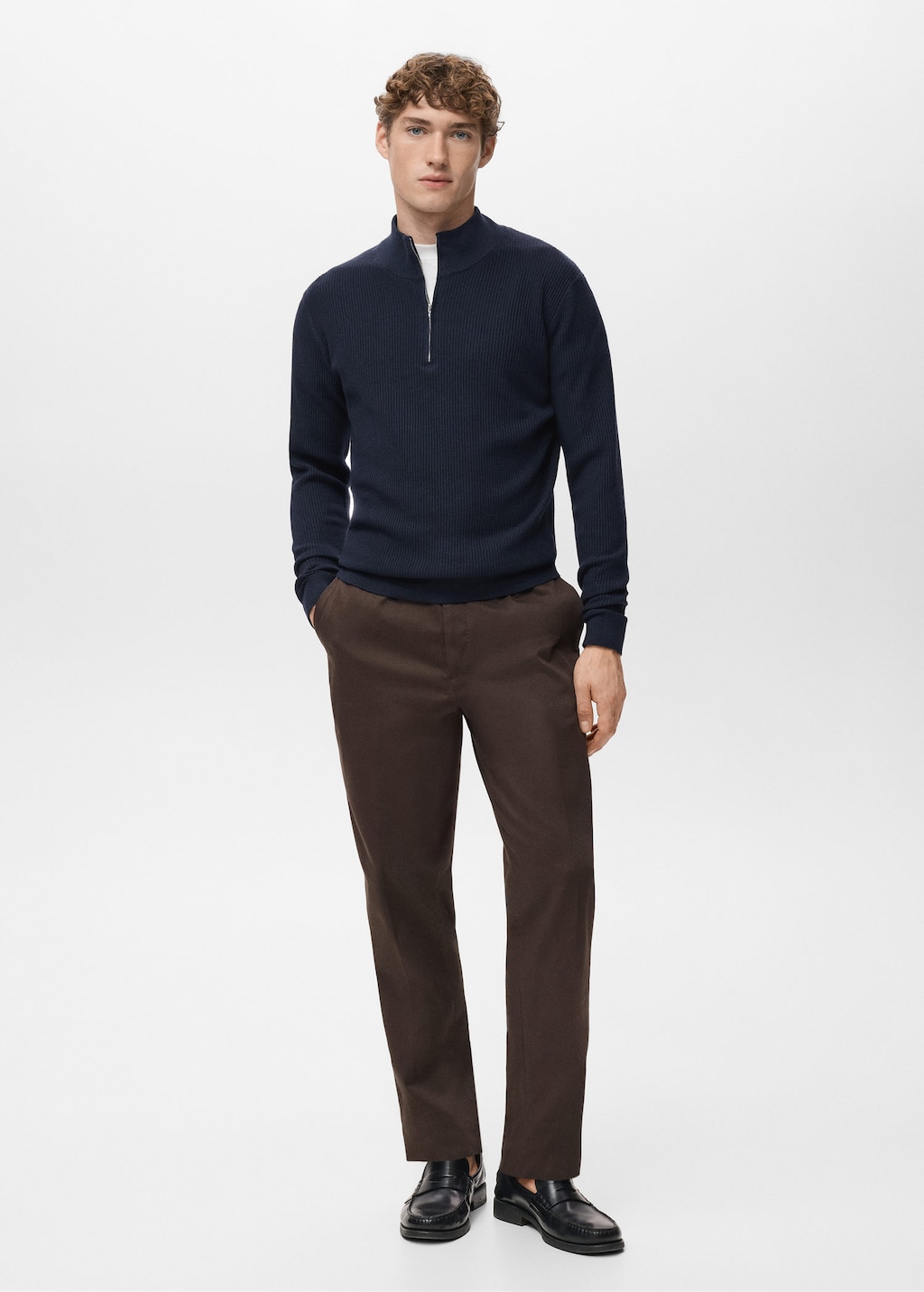 Mango Man Ribbed Sweater With Zip Neck Navy In Blue