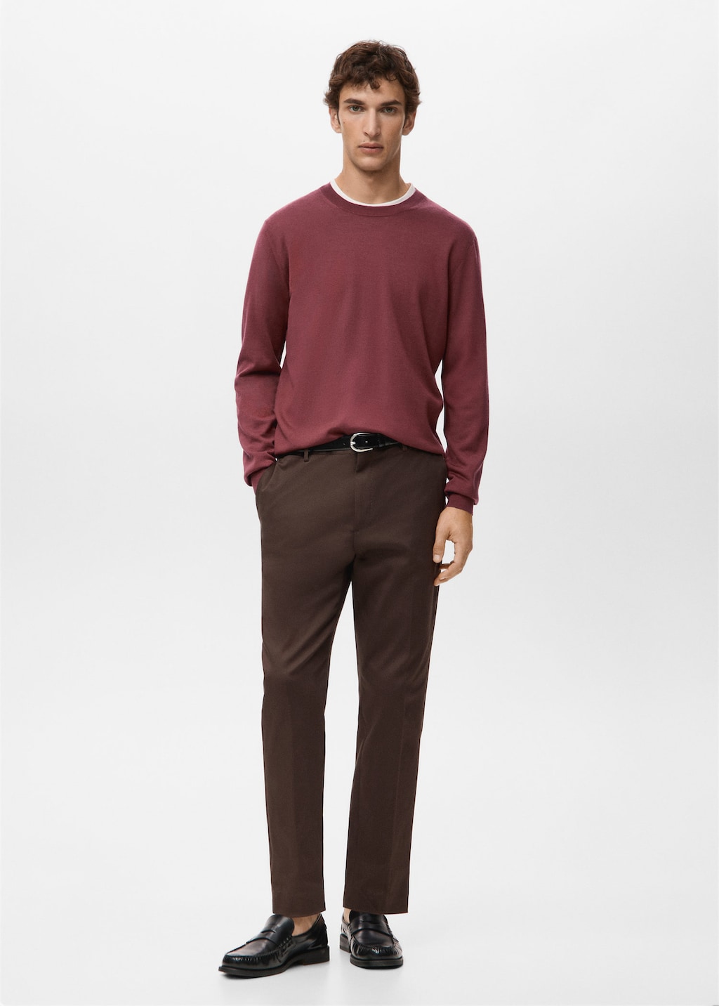 Mango Man 100% Merino Wool Crew Neck Sweater Cherry In Red