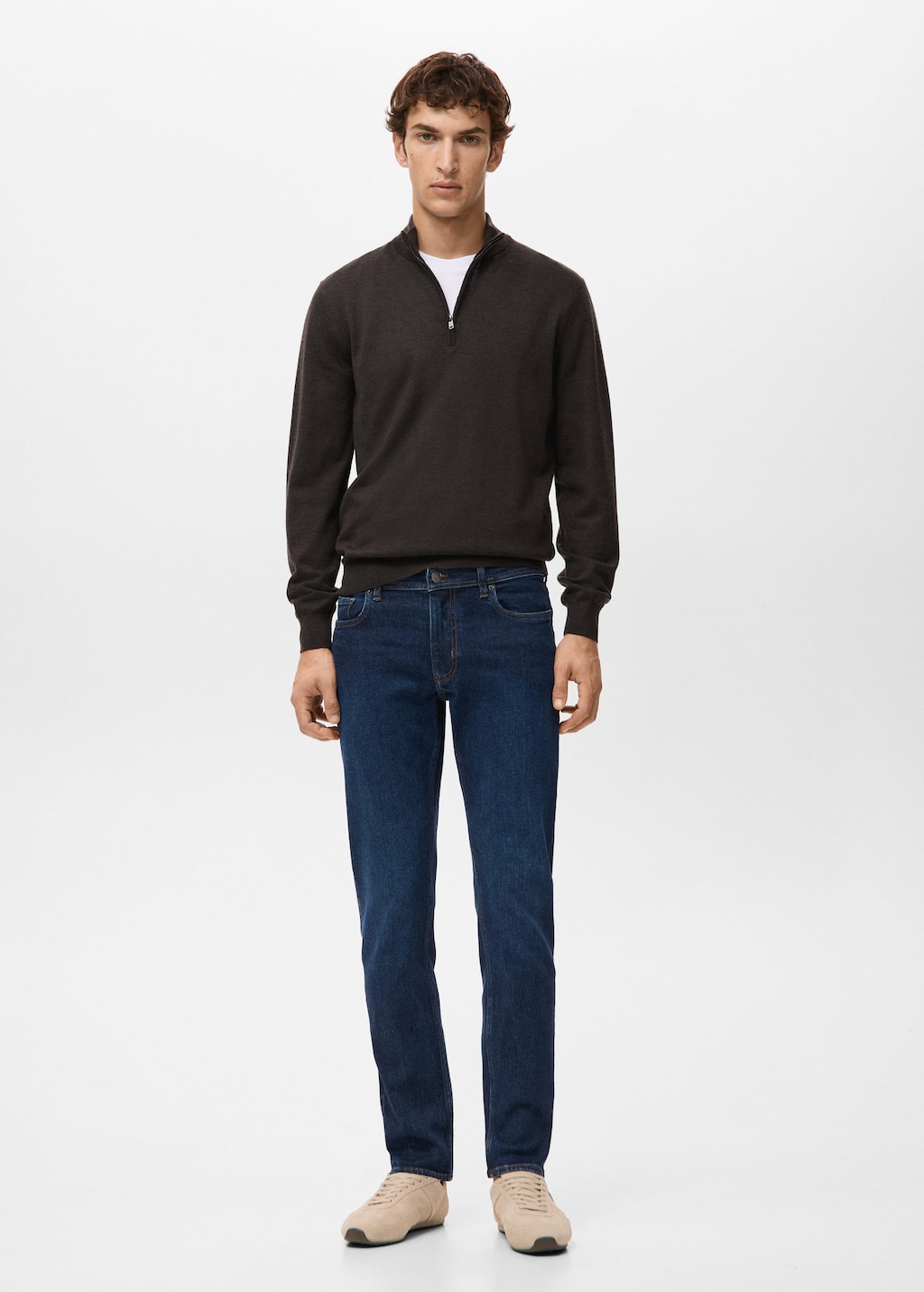 Mango Man 100% Merino Wool Sweater With Perkins Collar Chocolate In Black