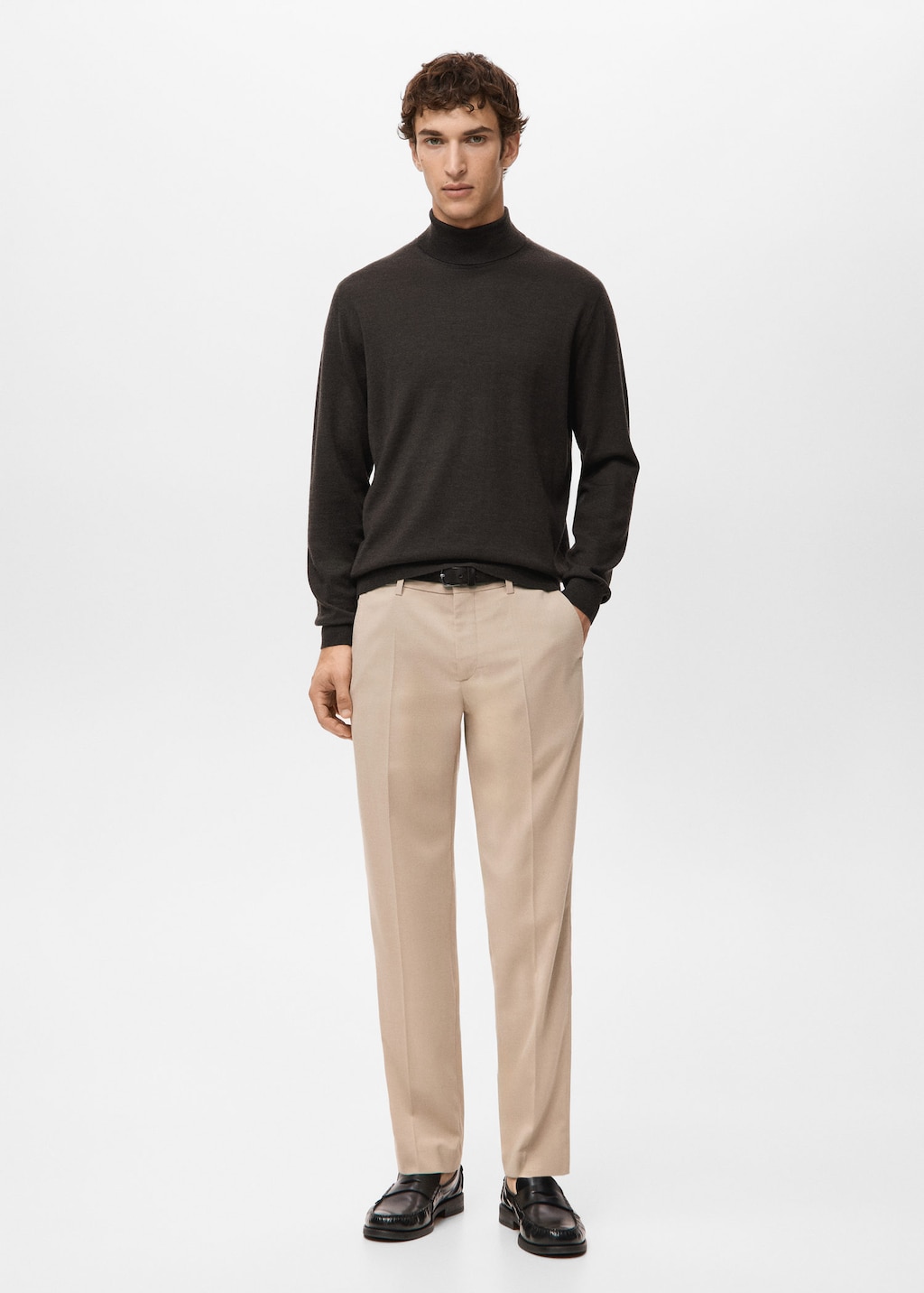 Mango Man 100% Merino Wool Roll Neck Jumper Chocolate In Black