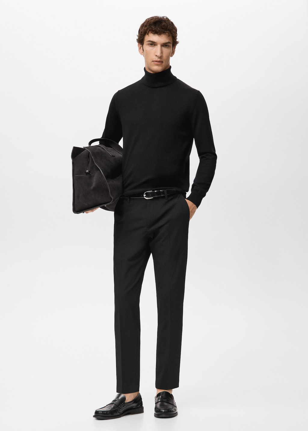 Mango Man 100% Merino Wool Roll Neck Jumper Black In Multi