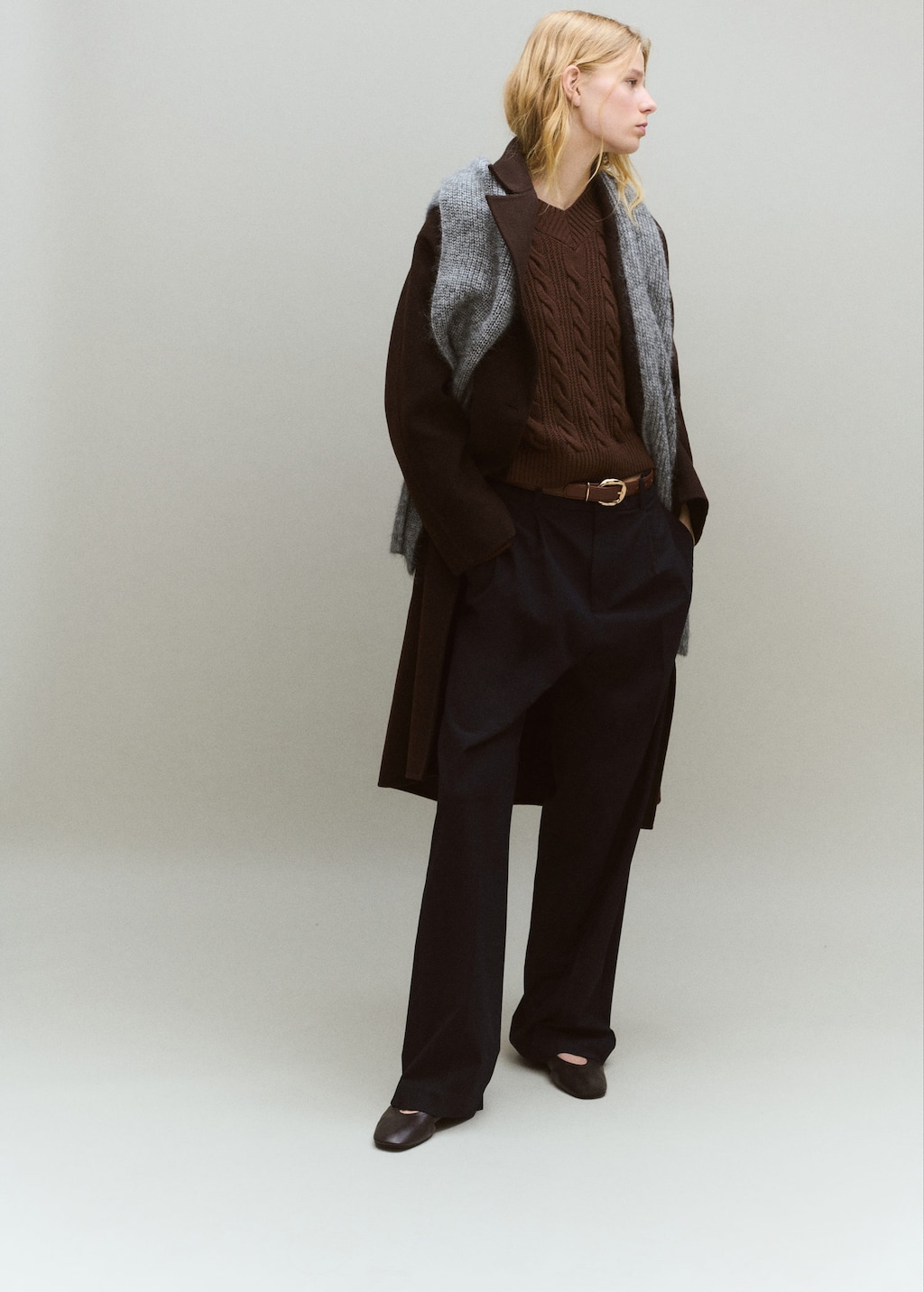 Mango V-neck Braided Sweater Brown