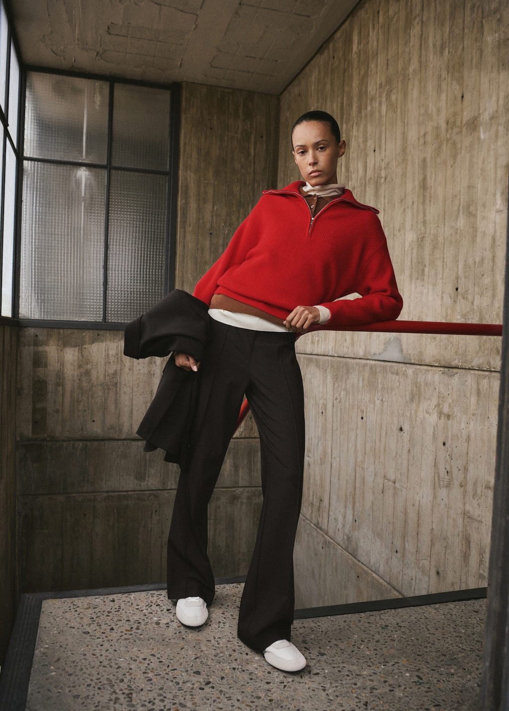 Mango Sweater With Contrasting Zip Collar Red