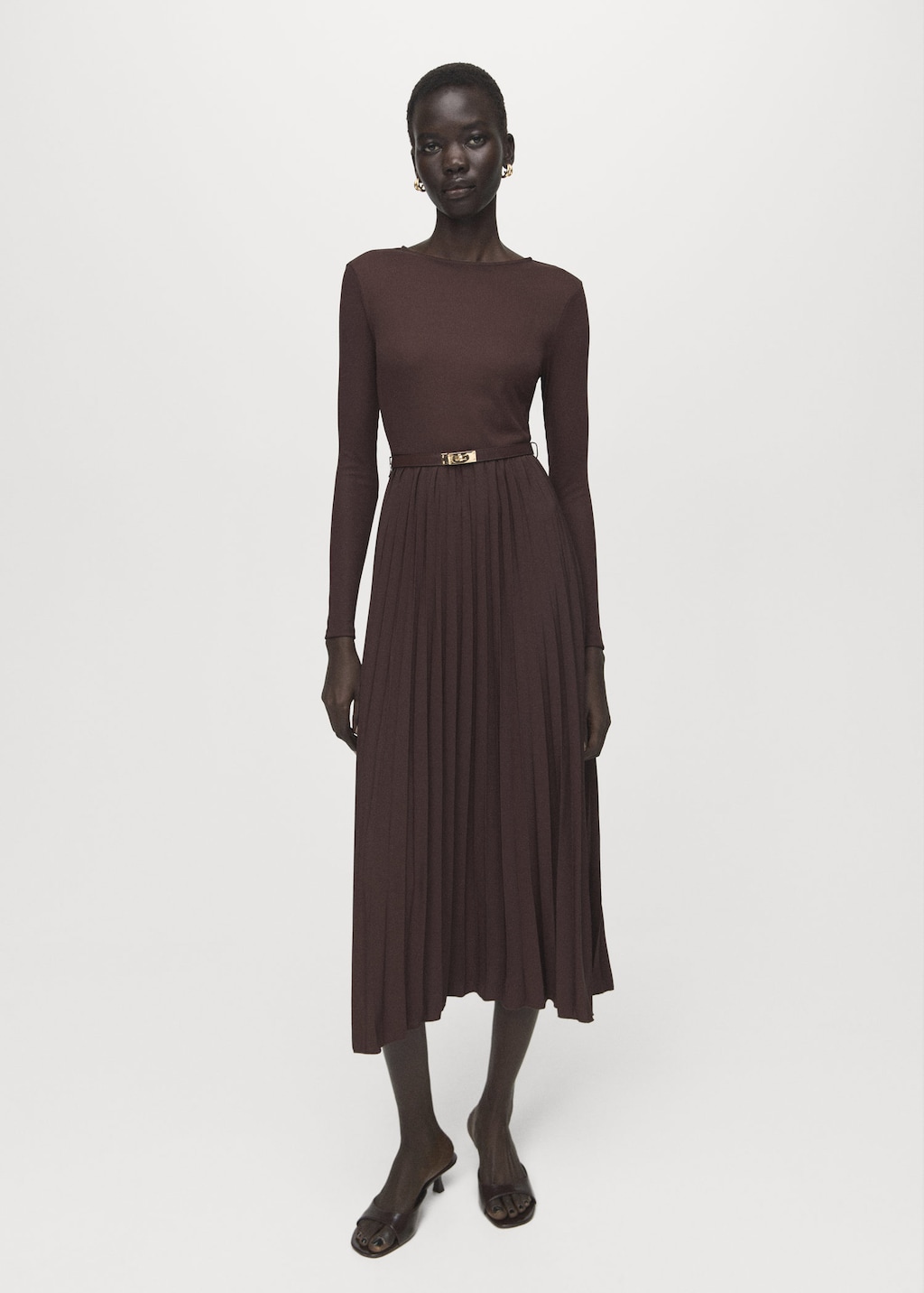 Mango Flared Midi-dress With Belt Chocolate In Brown