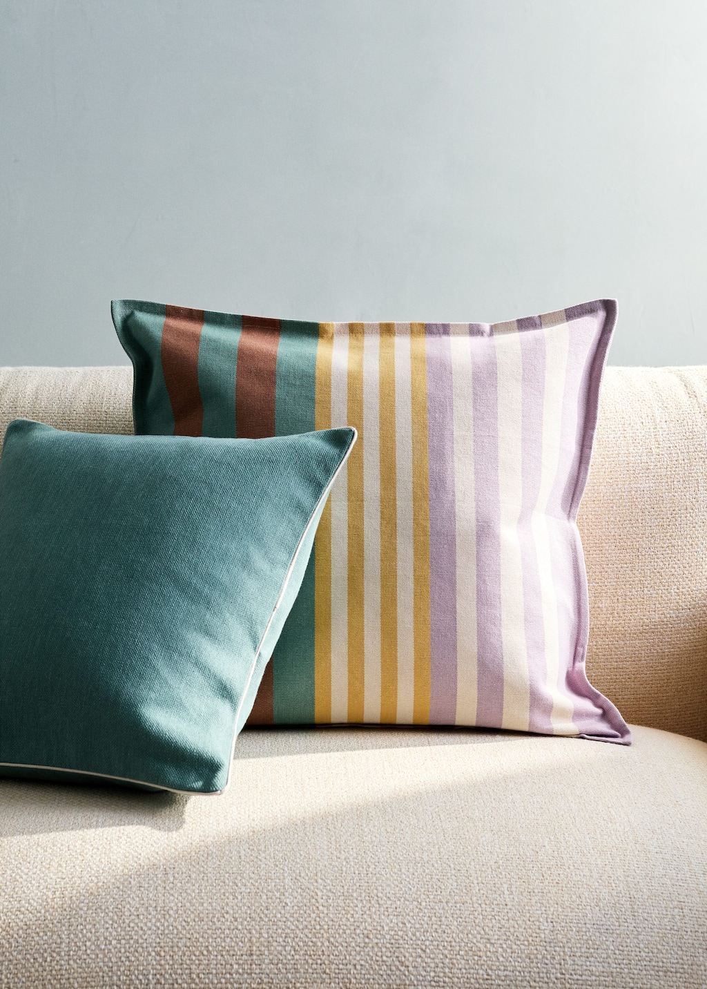 Mango Cotton Cushion Cover With Striped Design 50x50 Cm Green In Multi