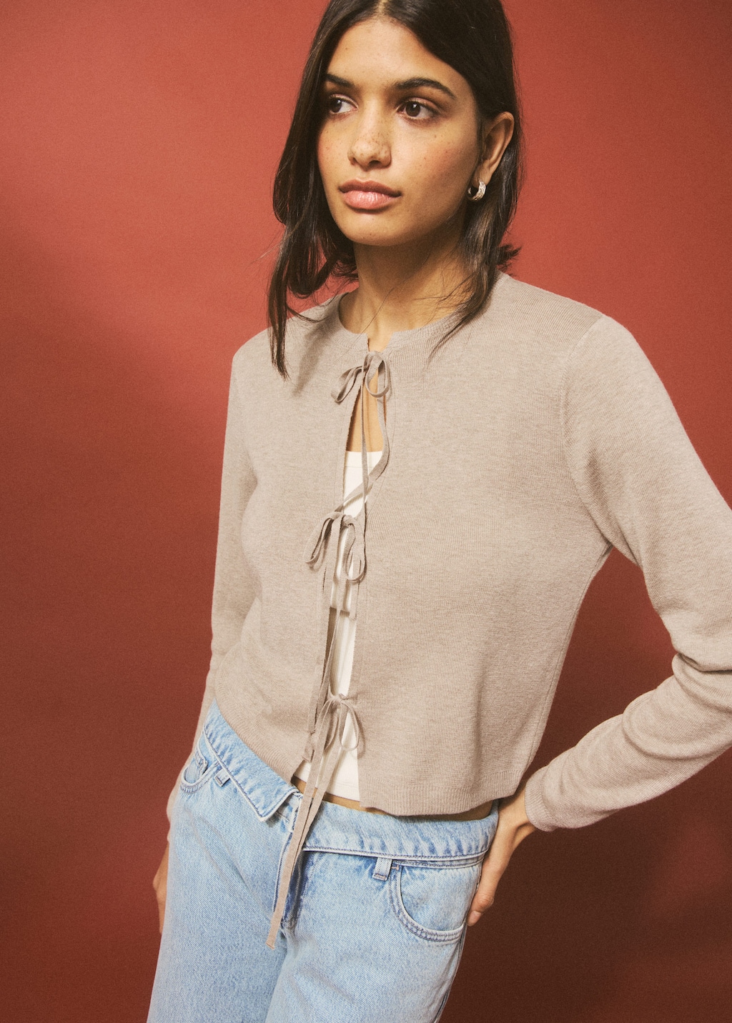 Mango Teen Knitted Cardigan With Ties Sand In Neutral