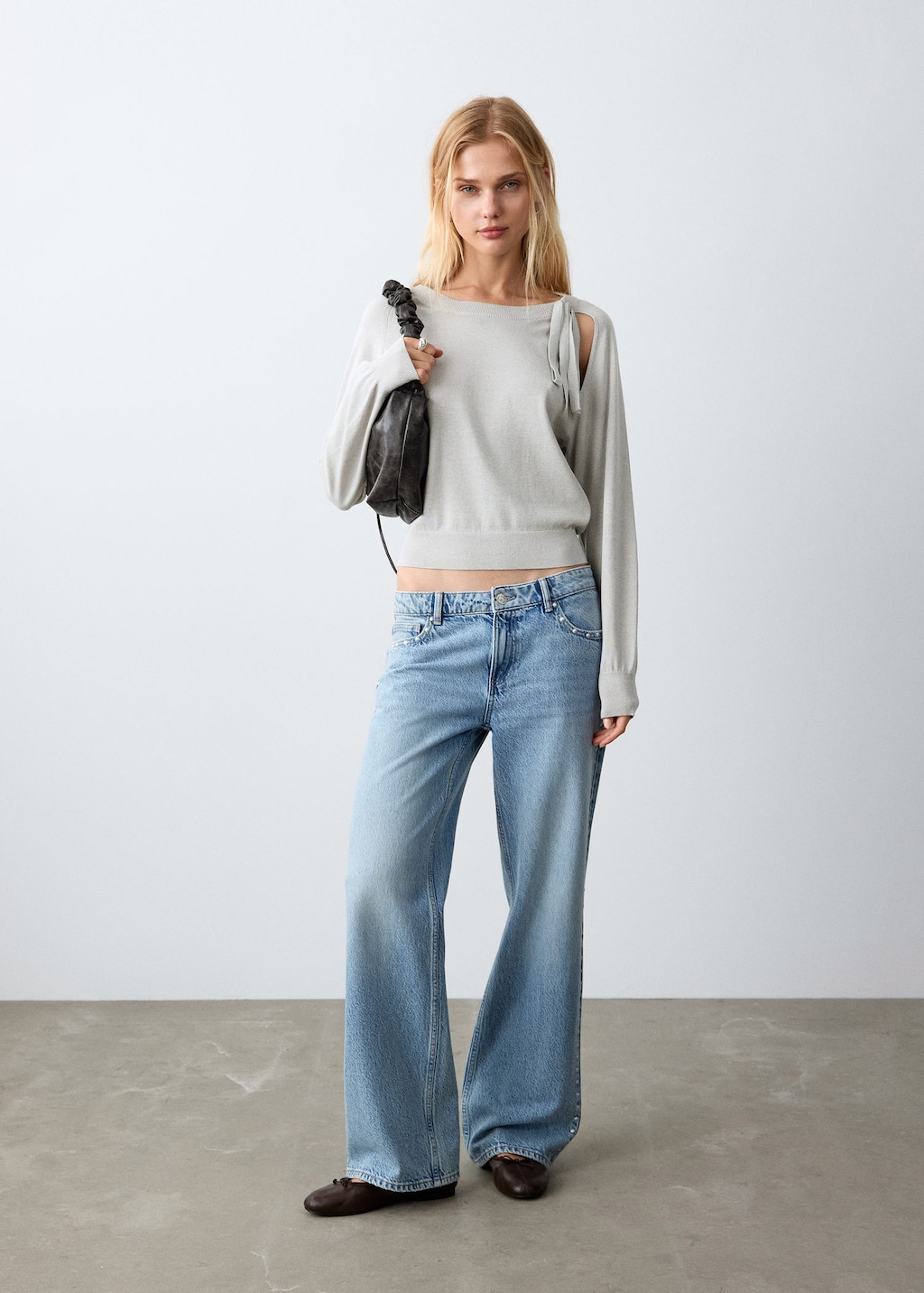 Mango Bow Knit Sweater Medium Heather Grey In Gray