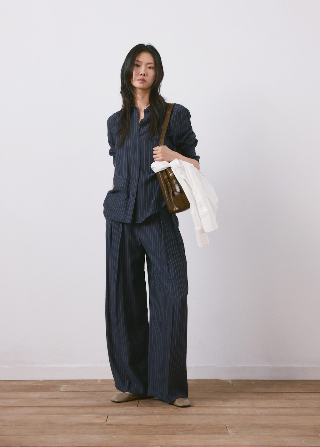 Mango Pinstripe Shirt Navy In Blue