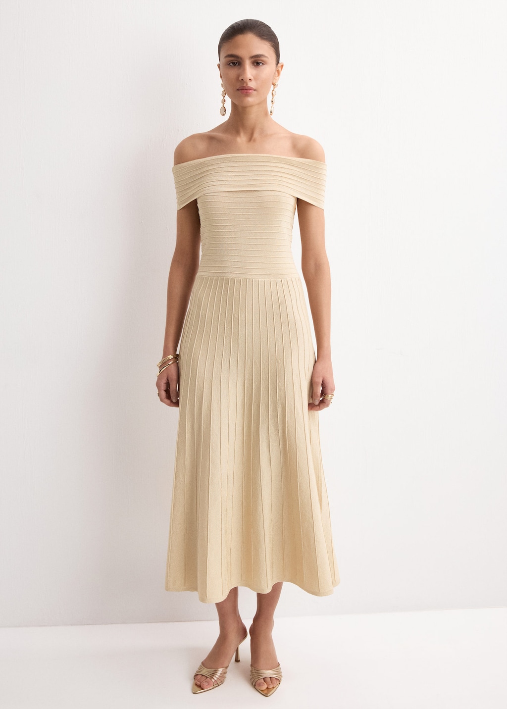 Mango Strapless Flared Dress Gold In Neutral