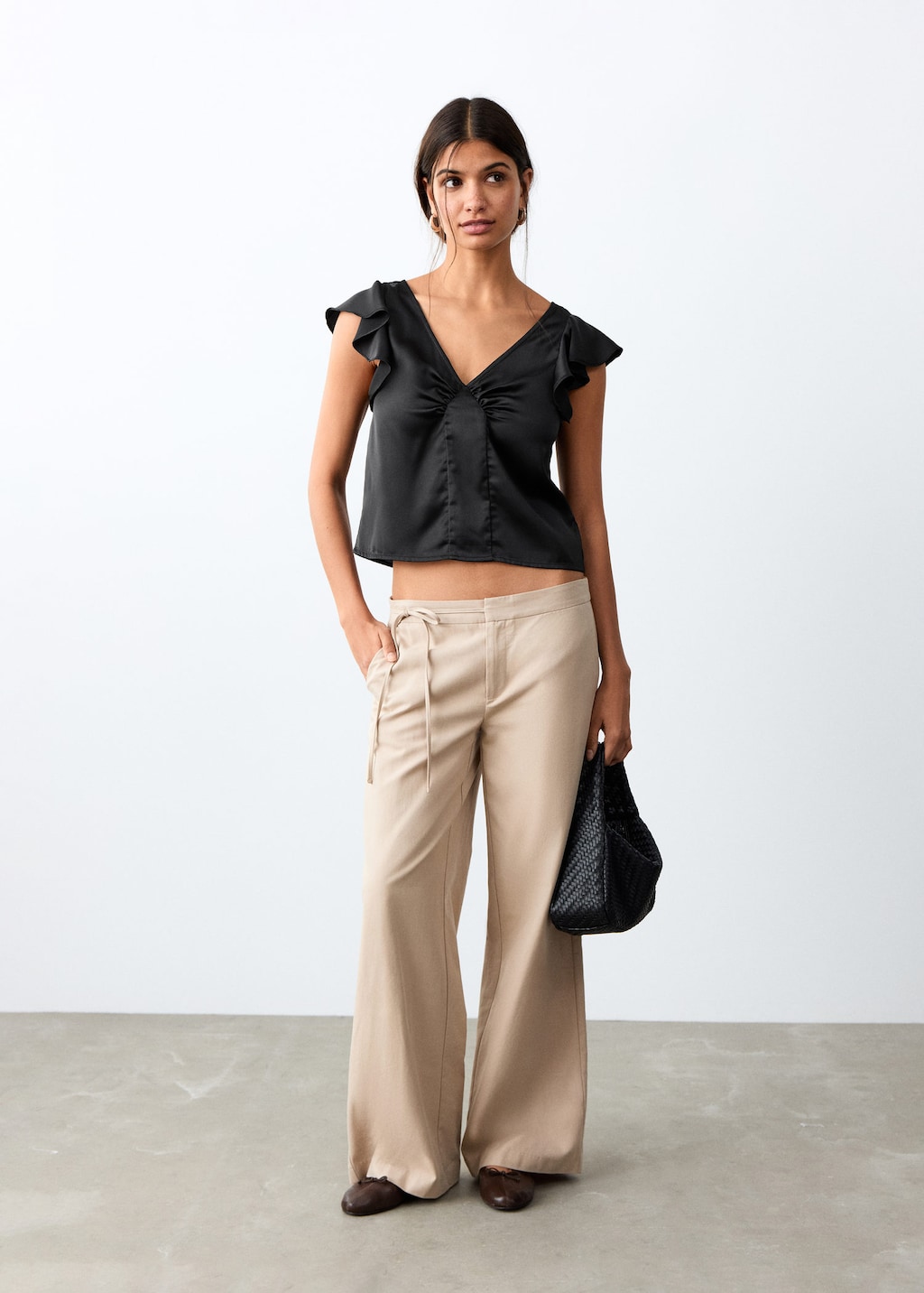 Mango Frilled Satin Top In Black