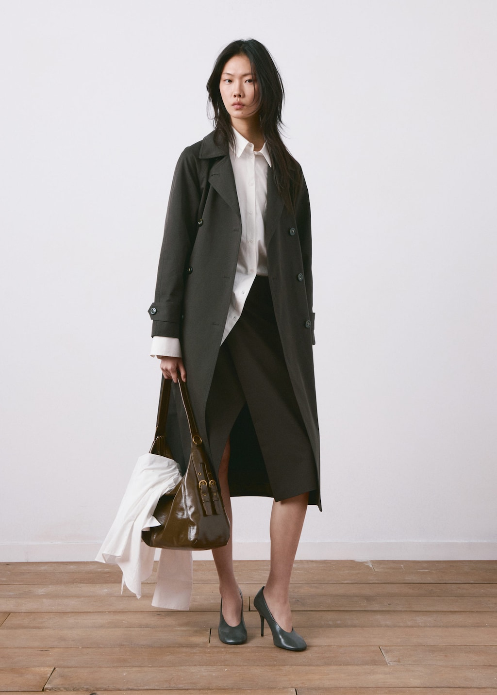 Mango Long Double-breasted Trench Coat Chocolate In Green