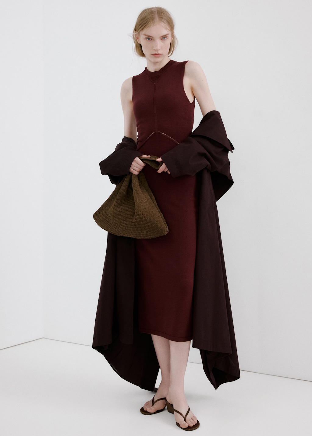 Mango Robe Midi Maille Lie De Vin - Femme - L -  In Brown